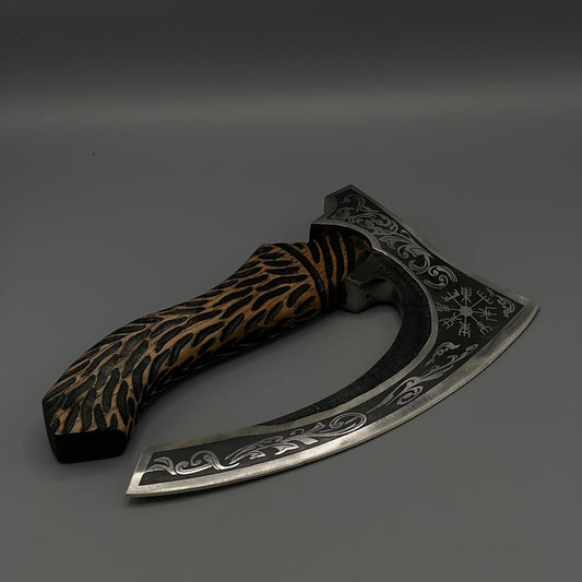 Viking Style Decorative Axe with Tiger Stripe Handle and Intricate Engravings