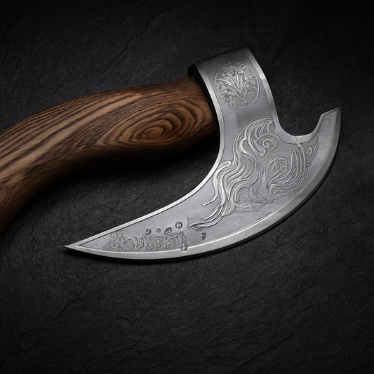 Handcrafted Viking Axe with Engraved Blade and Leather Sheath