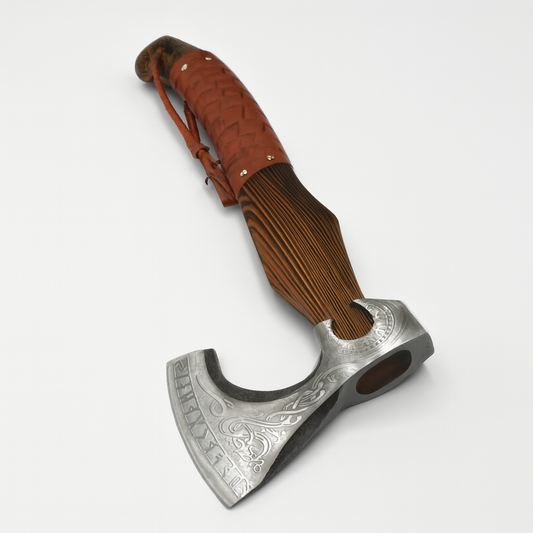 Viking War Axe – Engraved High Carbon Steel Forged Blade, Ash Wood Handle with Leather Wrap