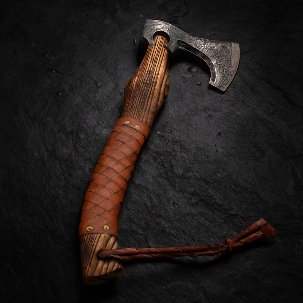 Viking War Axe – Engraved High Carbon Steel Forged Blade, Ash Wood Handle with Leather Wrap
