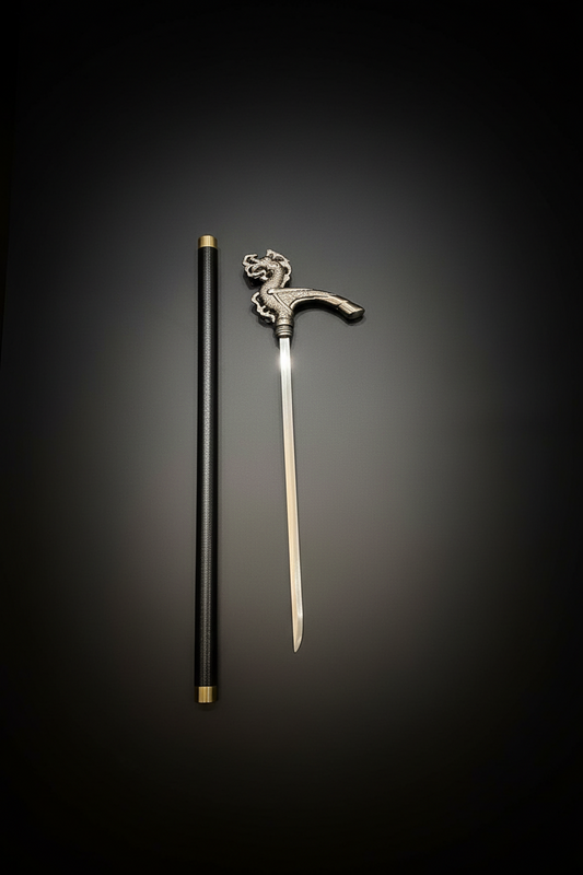 Dragon Head Sword Cane - Hidden Blade Walking Stick | Silver Handle Self Defense Cane