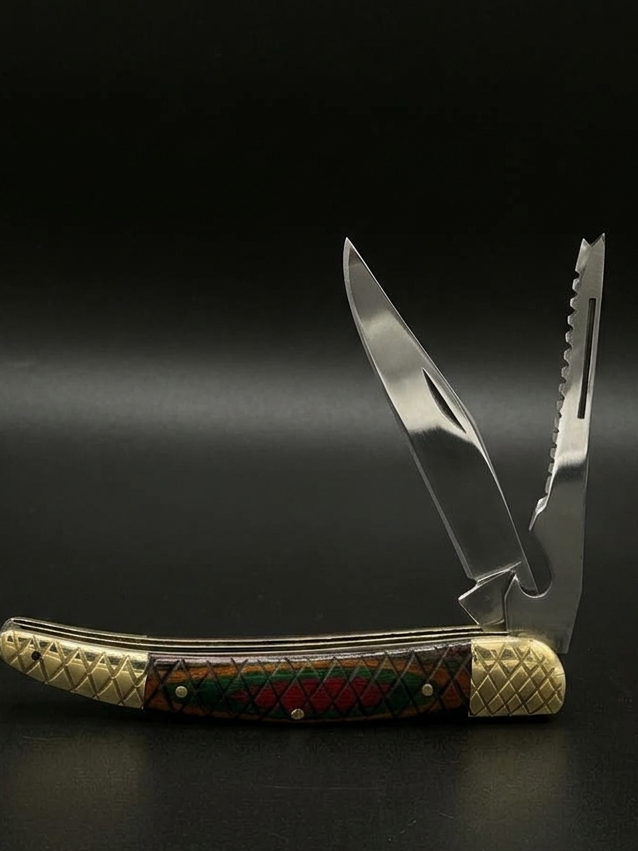 Folding knife with decorative handle on a black background