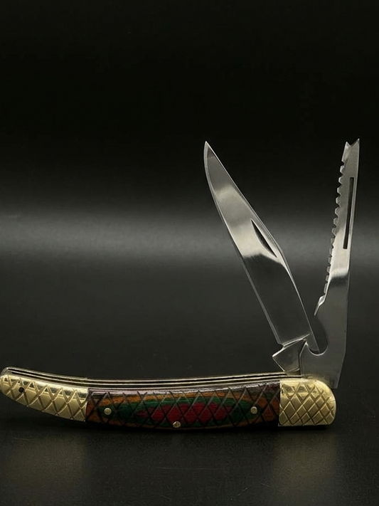 Folding knife with decorative handle on a black background
