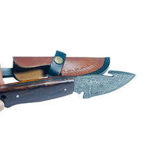 Load image into Gallery viewer, Hand-Forged Damascus Steel Gut Hook Skinning Knife – Natural Wood Handle with Leather Sheath
