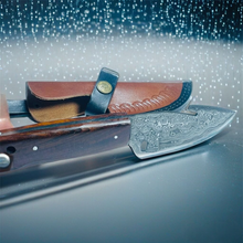 Load image into Gallery viewer, Hand-Forged Damascus Steel Gut Hook Skinning Knife – Natural Wood Handle with Leather Sheath
