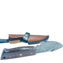 Load image into Gallery viewer, Hand-Forged Damascus Steel Gut Hook Skinning Knife – Natural Wood Handle with Leather Sheath
