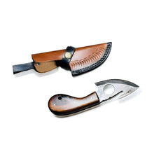 Load image into Gallery viewer, Hand-Forged Damascus Steel Gut Hook Skinning Knife – Premium Wood Handle with Leather Sheath
