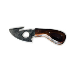 Load image into Gallery viewer, Hand-Forged Damascus Steel Gut Hook Skinning Knife – Premium Wood Handle with Leather Sheath
