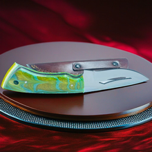 Load image into Gallery viewer, Handcrafted Damascus Steel Gut Hook Skinning Knife with Colorful Resin Handle &amp; Leather Sheath

