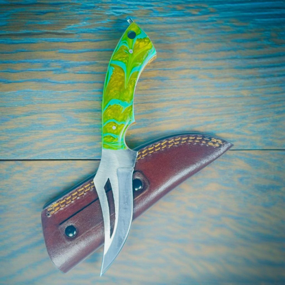 Handcrafted Damascus Steel Gut Hook Skinning Knife with Colorful Resin Handle & Leather Sheath