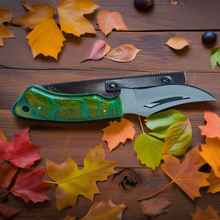 Load image into Gallery viewer, Handcrafted Damascus Steel Gut Hook Skinning Knife with Colorful Resin Handle &amp; Leather Sheath
