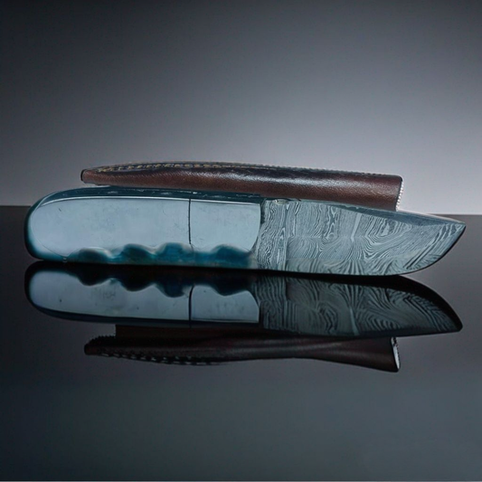 Premium Damascus Steel Skinning Knife with Mirror Finish Resin Handle & Leather Sheath