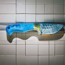 Load image into Gallery viewer, Handcrafted Damascus Steel Knife with Blue Resin Handle and Brass Guard
