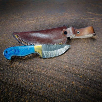 Handcrafted Damascus Steel Knife with Blue Resin Handle and Brass Guard