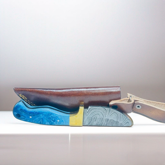 Handcrafted Damascus Steel Knife with Blue Resin Handle and Brass Guard