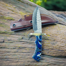 Load image into Gallery viewer, Handcrafted Damascus Steel Hunting Knife with Swirled Blue Resin Handle and Brass Guard
