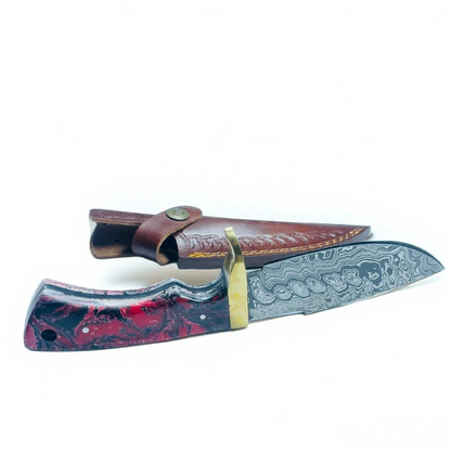 Handcrafted Damascus Steel Hunting Knife with Red and Black Resin Handle and Brass Guard