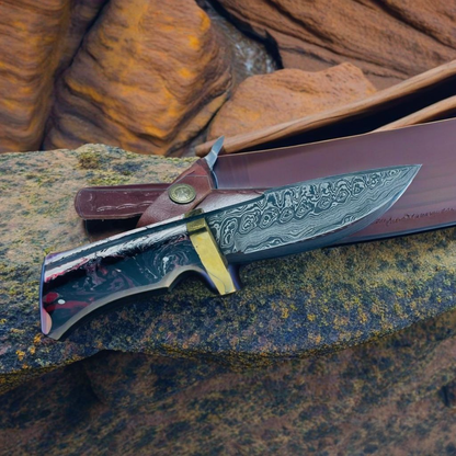 Handcrafted Damascus Steel Hunting Knife with Red and Black Resin Handle and Brass Guard