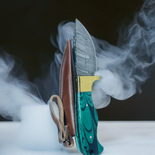 Load image into Gallery viewer, Handcrafted Damascus Steel Knife with Teal Resin Handle and Brass Guard

