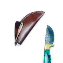 Load image into Gallery viewer, Handcrafted Damascus Steel Knife with Teal Resin Handle and Brass Guard
