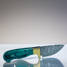 Load image into Gallery viewer, Handcrafted Damascus Steel Knife with Teal Resin Handle and Brass Guard
