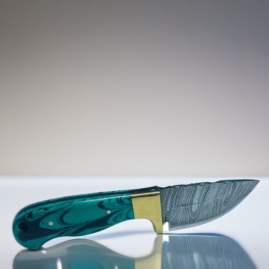 Handcrafted Damascus Steel Knife with Teal Resin Handle and Brass Guard