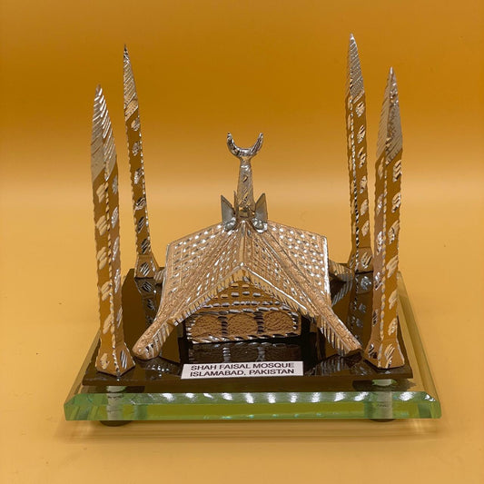 Shah Faisal Mosque Metal Sculpture - Islamic Home Decor | Handcrafted Silver Mosque Replica Art Piece