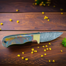 Load image into Gallery viewer, Handcrafted Damascus Steel Knife with Multi-Color Resin Handle and Brass Guard
