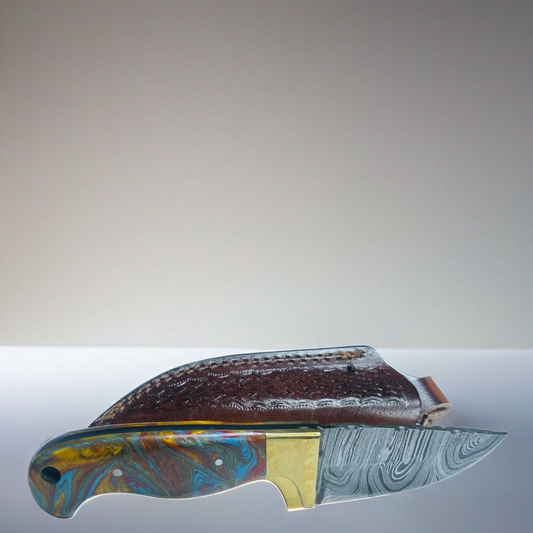 Handcrafted Damascus Steel Knife with Multi-Color Resin Handle and Brass Guard