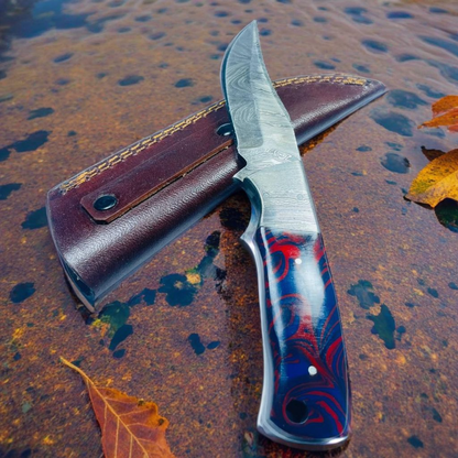 Handcrafted Damascus Steel Knife with Blue and Red Swirled Resin Handle