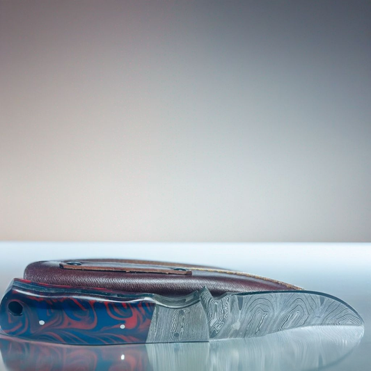 Handcrafted Damascus Steel Knife with Blue and Red Swirled Resin Handle