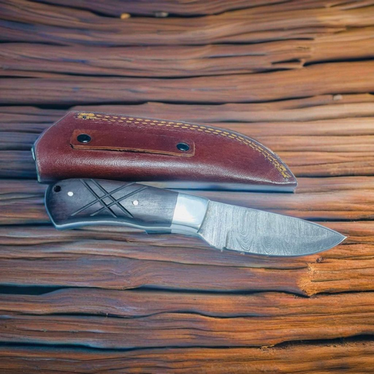Handcrafted Damascus Steel Knife with Black Wood Handle and Leather Sheath