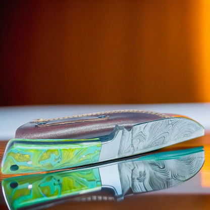 Luminous Swirl Damascus Steel Knife with Enchanting Yellow-Green Resin Handle
