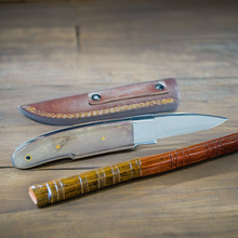 Load image into Gallery viewer, Handcrafted Knife with Natural Horn Handle and Leather Sheath
