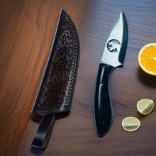 Load image into Gallery viewer, Stag&#39;s Crest: Custom Handcrafted Skinning Knife with Ebony Handle &amp; Embossed Leather Sheath

