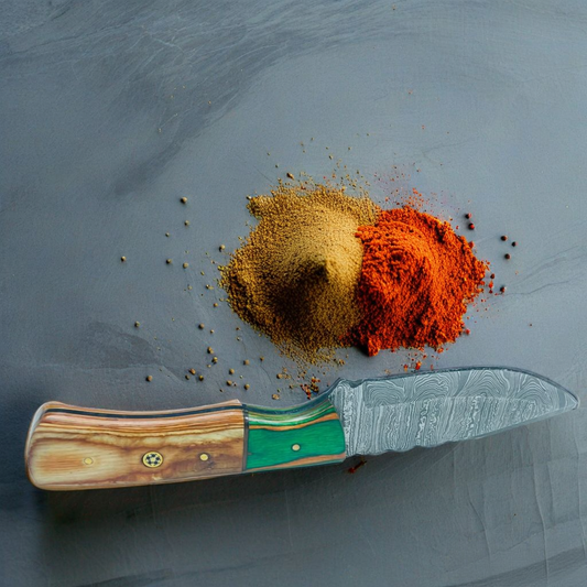 Heritage Damascus Fixed Blade Knife with Custom Mixed Wood Handle