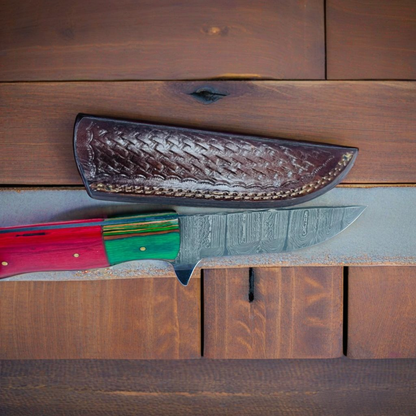 Crimson Grove: Damascus Hunting Knife with Dual-Tone Wood Handle