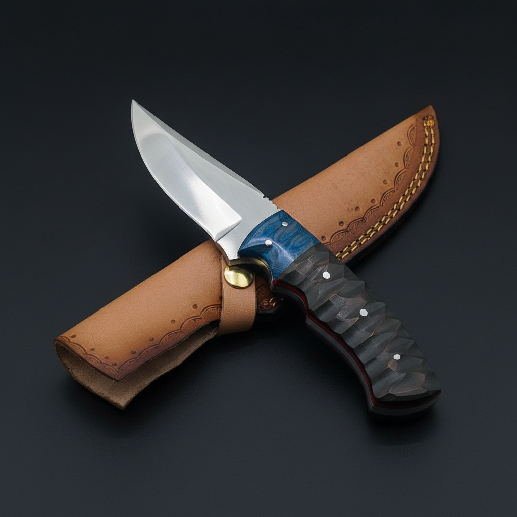 Blue grey knife crossed with sheath on black