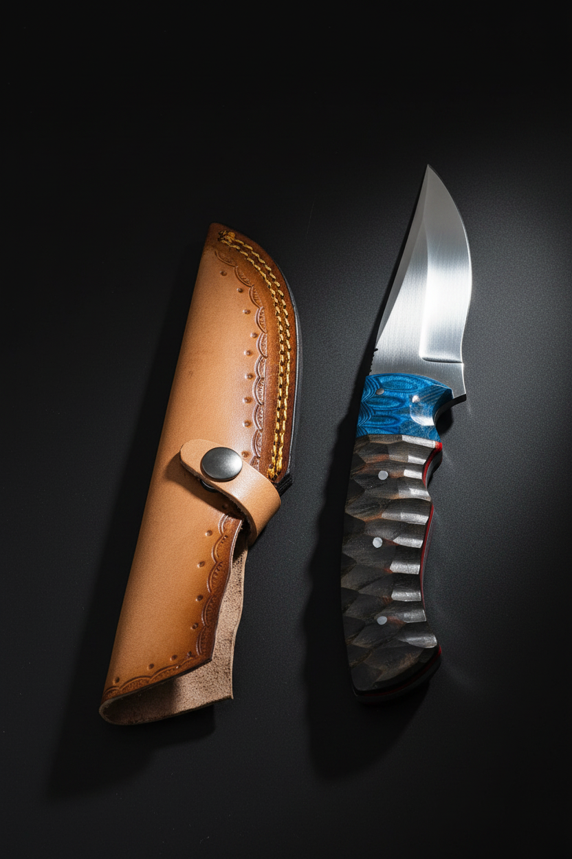 Blue grey knife upright on black background