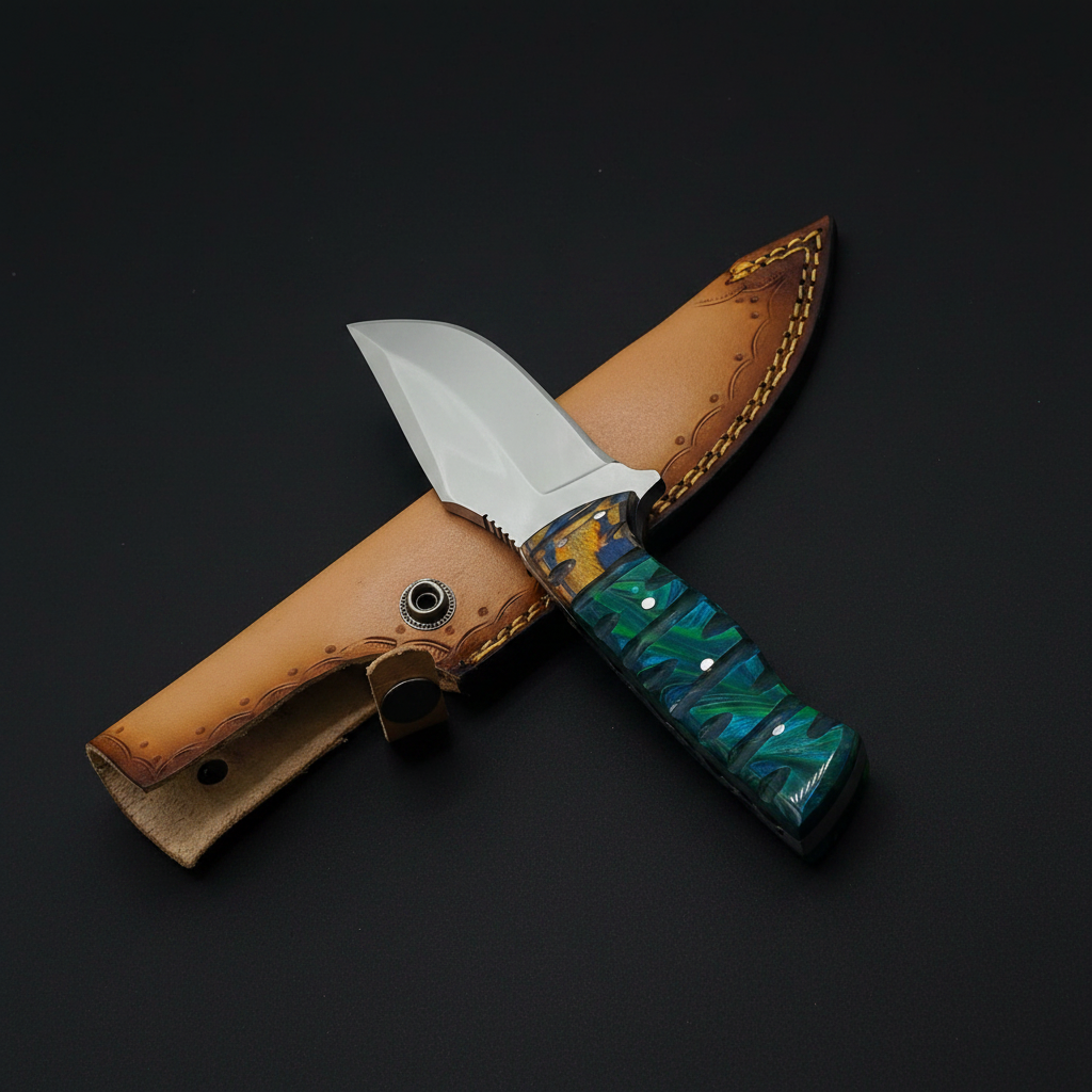 Blue resin knife crossed with sheath on black