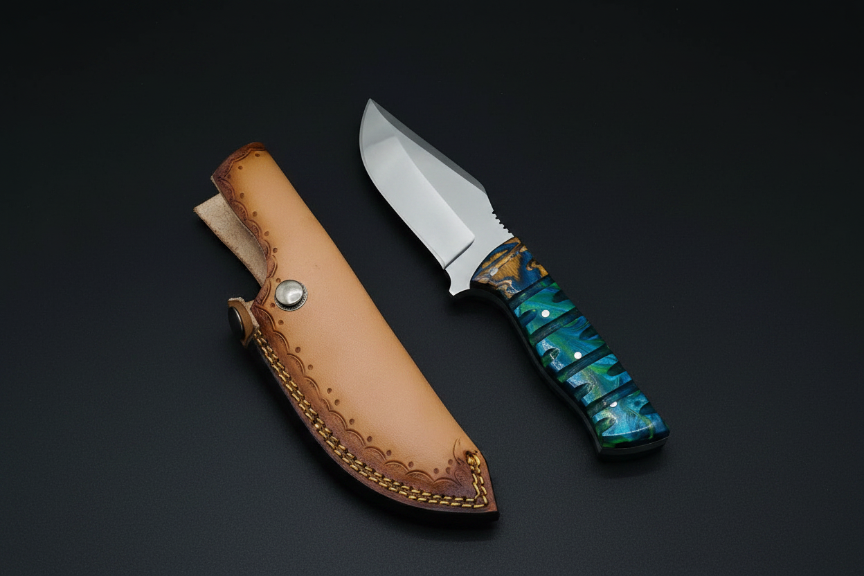 Blue resin knife side by side with sheath on black