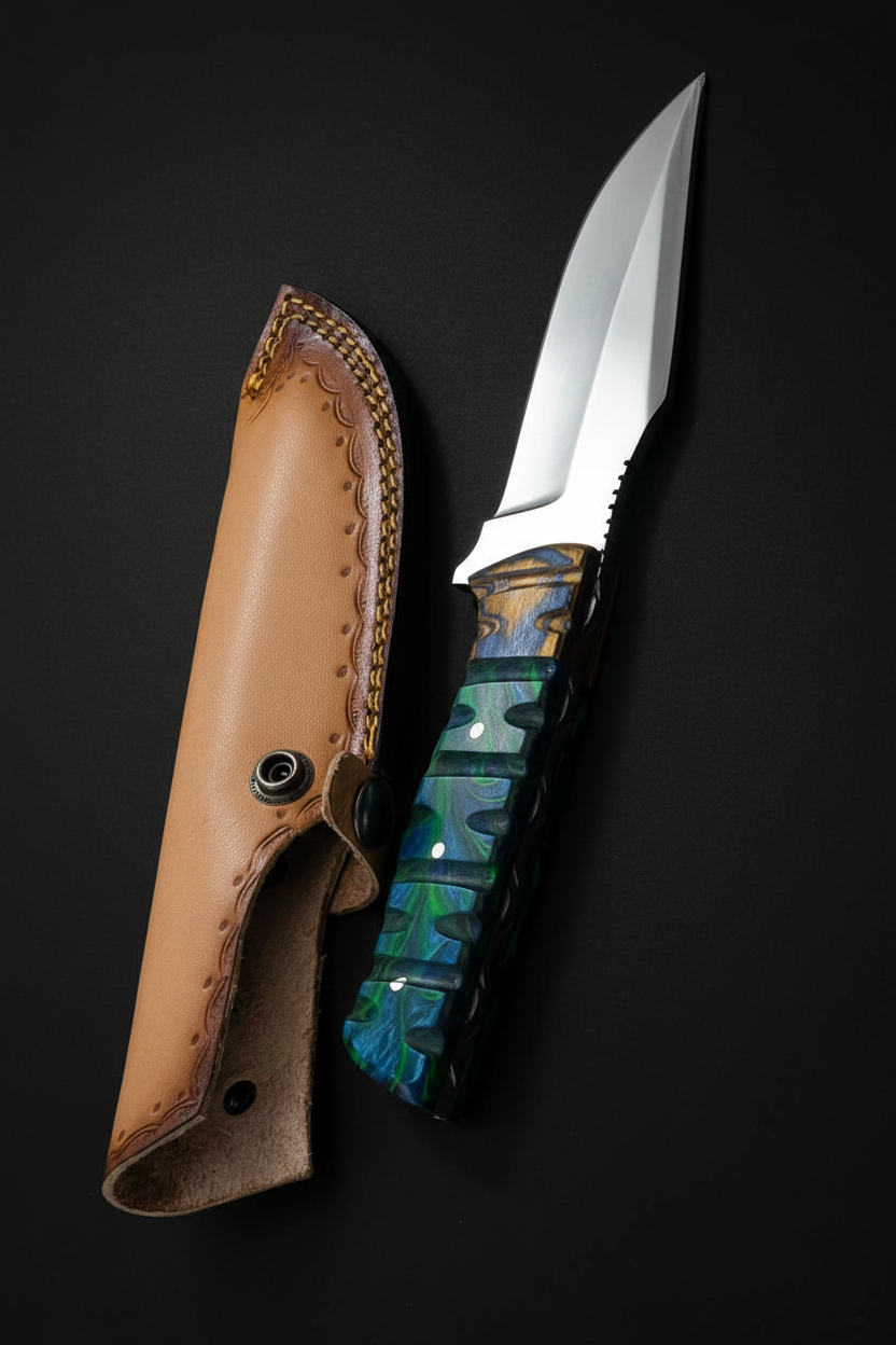 Blue resin knife upright on black background