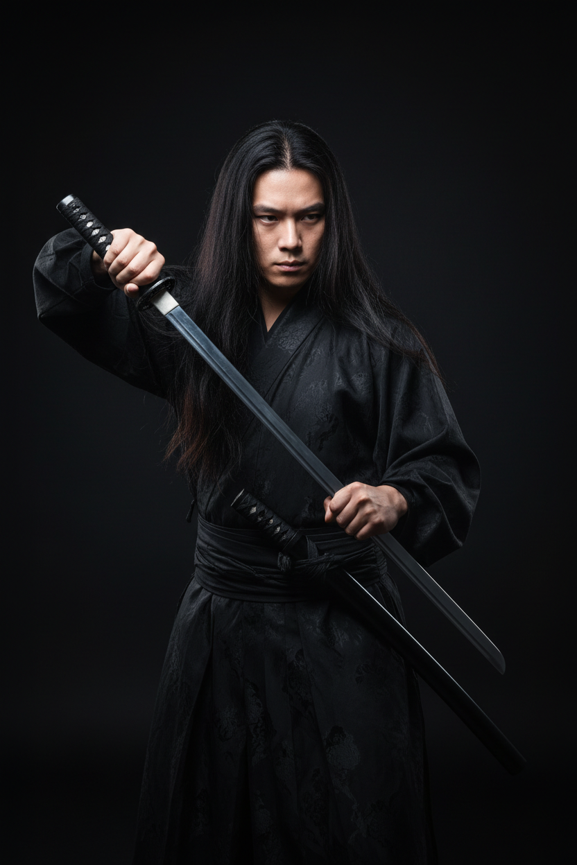 Chinese Warrior Drawing Black Katana from Scabbard