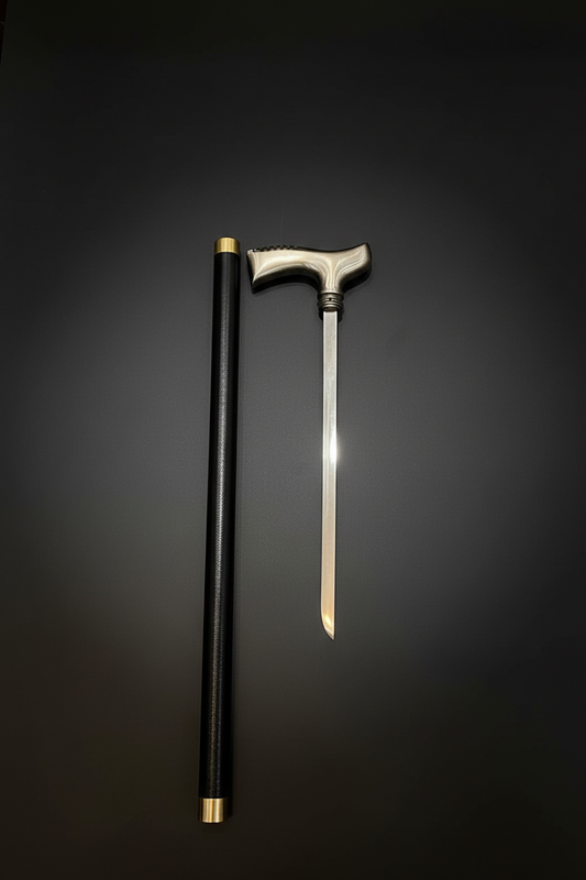 Derby Handle Sword Cane - Hidden Blade Walking Stick | Silver Crook Handle Self Defense Cane
