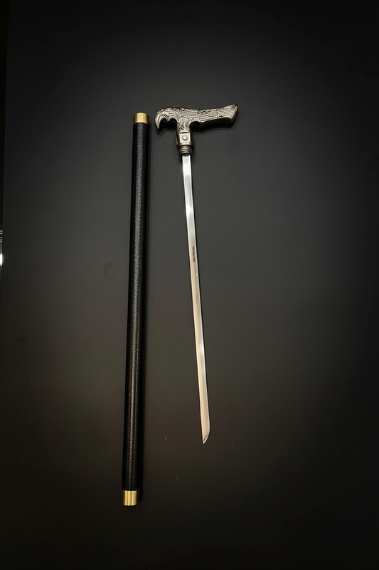Falcon T-Handle Sword Cane - Hidden Blade Walking Stick | Silver Falcon Handle Self Defense Cane