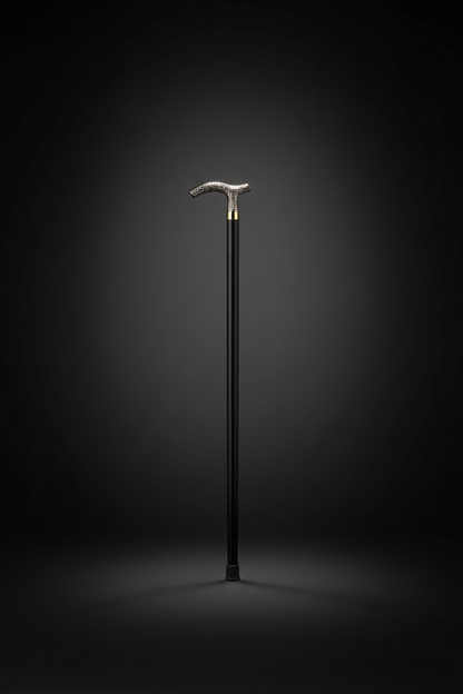 Silver T-Handle Walking Stick - Decorative Luxury Cane | Premium Black Walking Stick with Gold Accent