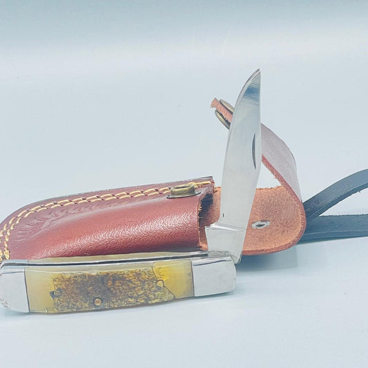 Custom Handmade Folding Pocket Knife – Damascus Steel Blade with Leather Sheath