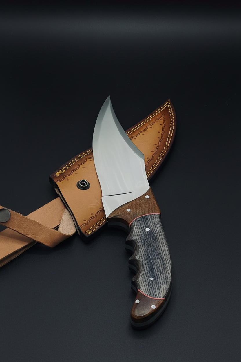 Hunter knife crossed with sheath on black background