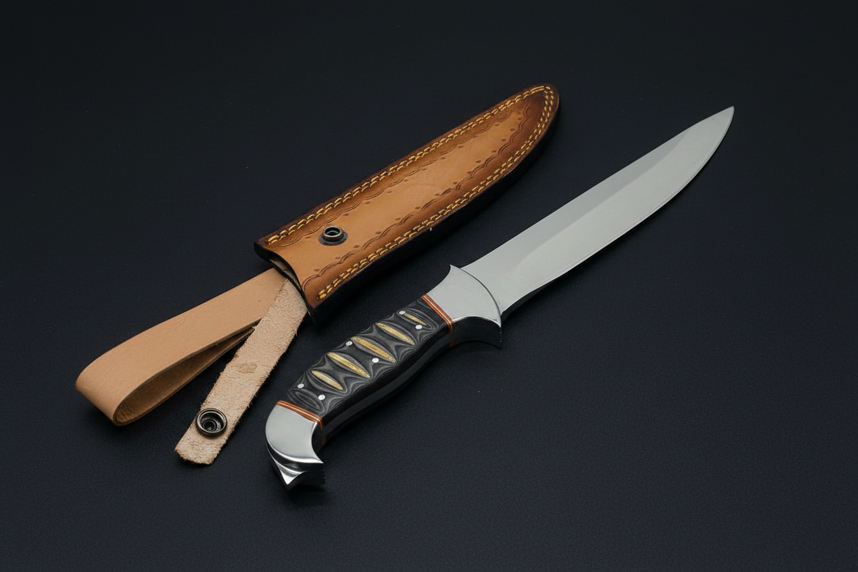 Knife and sheath side by side on black background