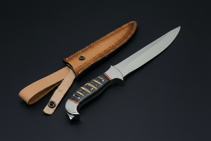Knife and sheath side by side on black background